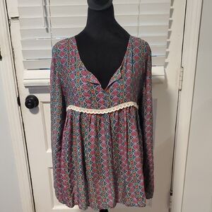 Live Happy Bohemian Patterned Tunic with Lace Detail